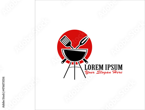 Barbecue restaurant - Logo icon of Barbecue, Grill and Bar with fire, grill fork and spatula. BBQ logo template. Vector illustration