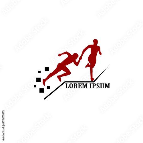 Run club logo  emblem with abstract running people silhouettes  label for sports club  sport tournament  competition  marathon and healthy lifestyle vector illustration