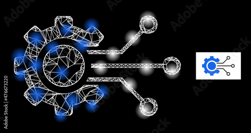 Constellation network digital sensor cog icon with illuminated light spots. Illuminated model created from digital sensor cog vector icon and intersected lines. Illuminated carcass digital sensor cog,