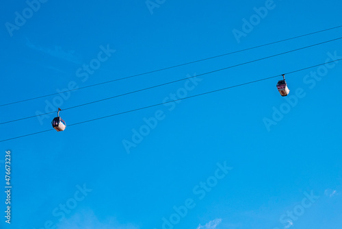 Thames cable car operated by Emirates Air Line in London. Crossing over river Thames.