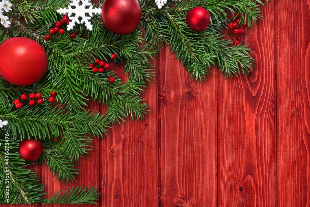 Christmas banner with fir branches and decorations on desk background. Christmas banner with fir branches and decorations on desk background.