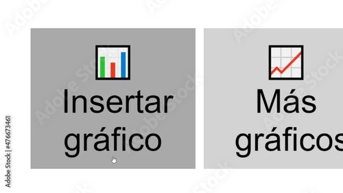 Spanish. Cursor Slides Over and Clicks Insert Chart in Spreadsheet. Mouse Pointer on Device Computer Monitor Screen Clicking Add Graph on Worksheet File For Company Business Assignment or School