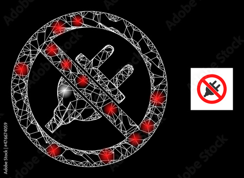 Bright mesh net forbidden electric supply icon with glossy light spots. Illuminated model is done using forbidden electric supply vector icon and crossing lines.