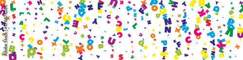 Falling letters of English language. Bright flying words of Latin alphabet. Foreign languages study concept. Admirable back to school banner on white background.