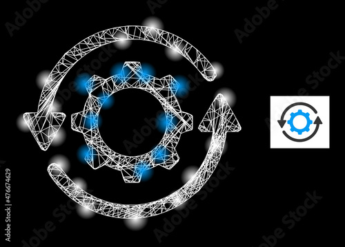 Constellation mesh net gear rotation icon with glowing spots. Illuminated constellation created using gear rotation vector icon and crossed lines. Illuminated carcass gear rotation,