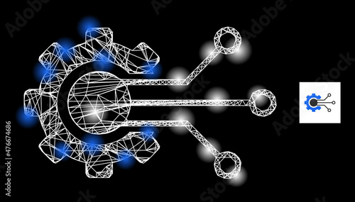Constellation crossing mesh gear solution icon with illuminated spots. Illuminated constellation is created using gear solution vector icon and crossed lines. Constellation frame gear solution,