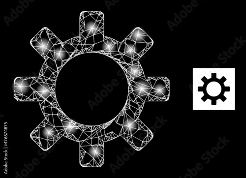 Constellation crossing mesh gearwheel icon with sparkle light spots. Illuminated constellation generated from gearwheel vector icon and crossing lines. Glossy carcass gearwheel, on a black background.