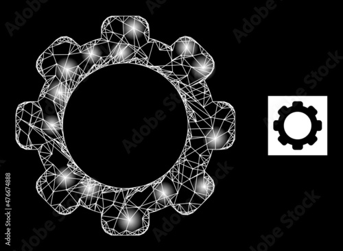 Constellation net gearwheel icon with majestic light spots. Illuminated constellation created using gearwheel vector icon and intersected lines. Constellation carcass gearwheel, on a black background.