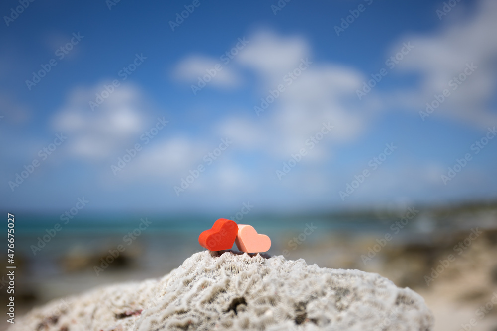 Two hearts on a dead coral with azure sea behind. Two hearts on a dead coral with azure sea behind.