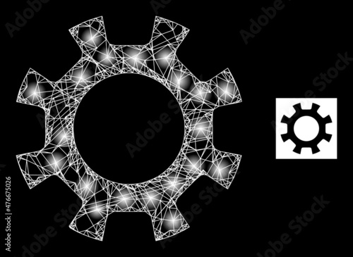 Glowing crossing mesh gearwheel icon with illuminated light spots. Illuminated constellation generated from gearwheel vector icon and crossing lines. Glowing carcass gearwheel, on a black background.
