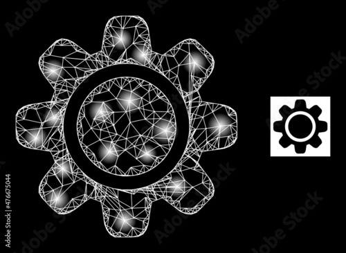 Glowing net gearwheel icon with illuminated light spots. Illuminated constellation is generated using gearwheel vector icon and crossing lines. Glowing carcass gearwheel, on a black background.