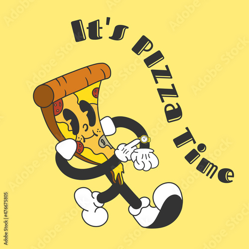 Retro grunge vintage 1930s comic cartoon character slice of pizza. It's pizza time. Vector illustration of pizza mascot, character. Funny piece of pizza.