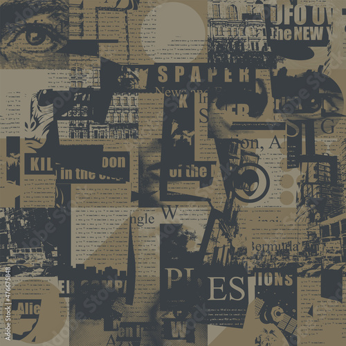 Abstract seamless pattern with chaotic layering of newspaper text, headlines , illustrations. Suitable for wallpaper, wrapping paper, fabric design. Creative vector background in the grunge style