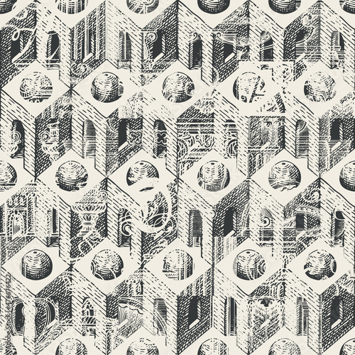 Abstract seamless pattern with hand-drawn architectural elements. Multi layered vector texture with cubic 3D elements in grunge style.Monochrome background, wallpaper, wrapping paper, flooring, fabric