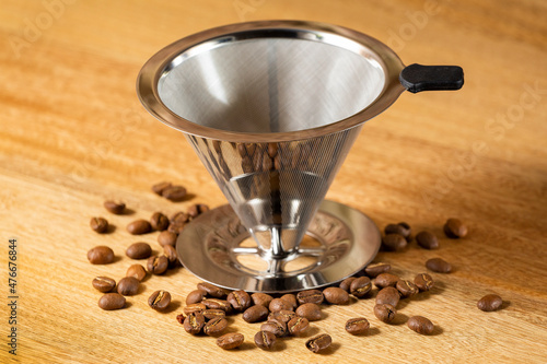Reusable metal cone slow drip coffee filter photo