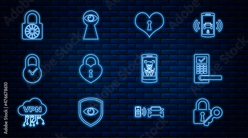 Set line Lock and key, Digital door lock with wireless, Heart keyhole, Castle in the shape of heart, Padlock clock, Safe combination wheel, Mobile face recognition and Keyhole eye icon. Vector