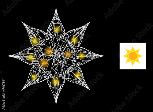 Glare network sun icon with glitter light spots. Illuminated model is done using sun vector icon and intersected lines. Illuminated frame sun, on a black background.