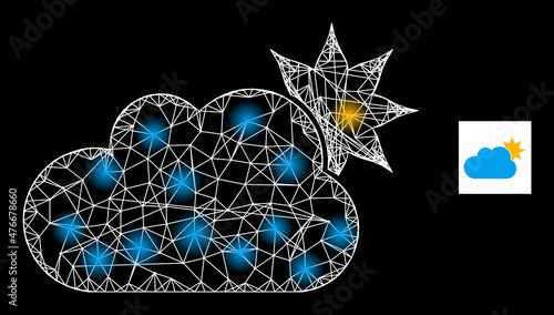 Constellation net mesh sun cloud icon with bright light spots. Illuminated constellation created using sun cloud vector icon and crossing lines. Constellation frame sun cloud, on a black background.