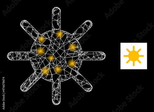 Bright mesh net sun rays icon with flare spots. Illuminated constellation generated using sun rays vector icon and crossed lines. Illuminated carcass sun rays, on a black background.