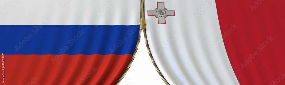 Flags of Russia and Malta and closing or opening zipper between them. Political negotiations or interaction conceptual 3D rendering Flags of Russia and Malta and closing or opening zipper between them. Political negotiations or interaction conceptual 3D rendering