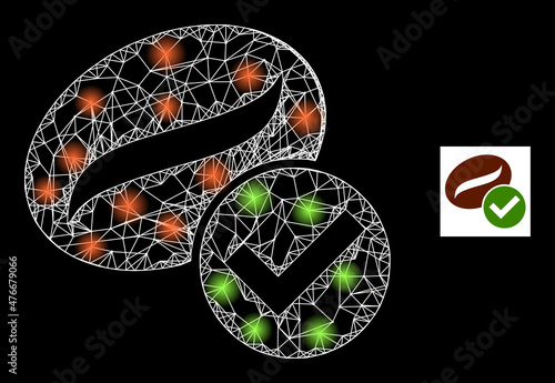 Bright crossing mesh valid coffee icon with majestic light spots. Illuminated constellation created using valid coffee vector icon and crossing lines. Sparkle frame valid coffee,