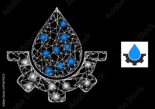 Glare net mesh water industry icon with glowing spots. Illuminated constellation created using water industry vector icon and crossing lines. Glowing carcass water industry, on a black background.
