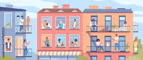Happy neighbors in their apartments have fun and communicate with each other. Colorful characters design vector illustration