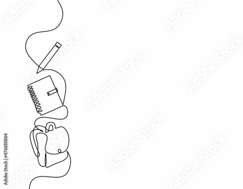 Continuous line drawing of book pencil and bag, back to school, object one line, single line art, vector illustration