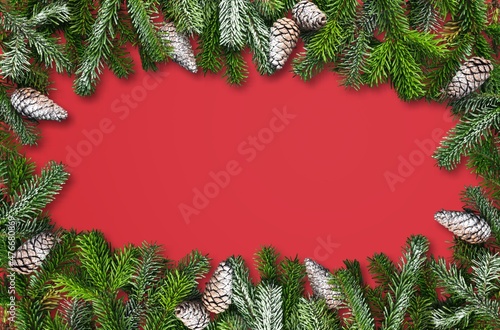 Christmas banner with fir branches, lights and new year decorations.