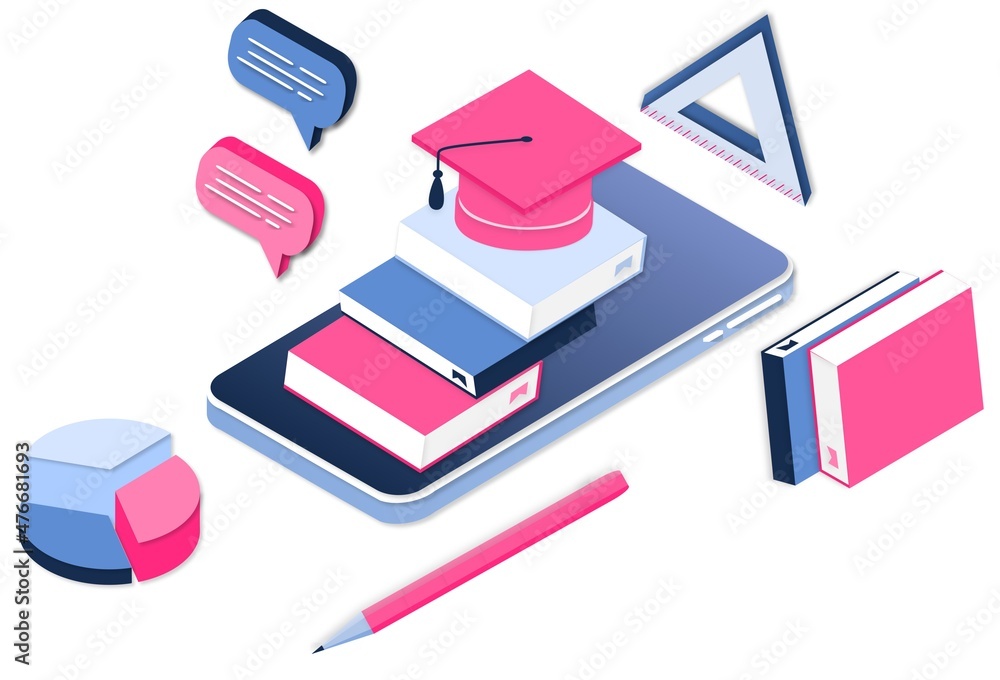 Obraz premium Modern 3d isometric concept of Online Education for banner website. Realistic landing page template vector illustration online learning, internet course, remote, tutorial on mobile phone application.