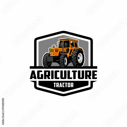 yellow agricurtural tractor logo vector with emblem style