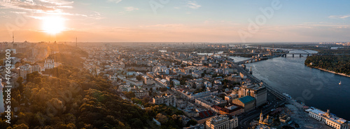 Beautiful sunset over Kyiv city from above. Magical city center view.