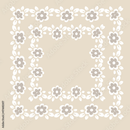 tile or handkerchief, frame of flowers, square. Design element of books, notebooks, postcards, interior items. Plants