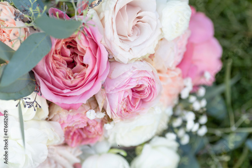 wedding bouquet of roses, pink and white flowers © Megan