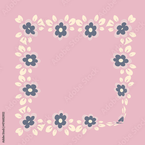 tile or handkerchief, frame of flowers, square. Design element of books, notebooks, postcards, interior items. Plants