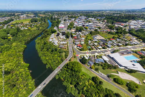 Aerial drone panoramic view over Cambridge, in the Waikato region of New Zealand