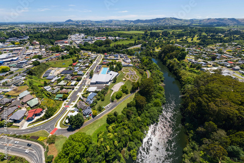 Aerial drone panoramic view over Cambridge, in the Waikato region of New Zealand