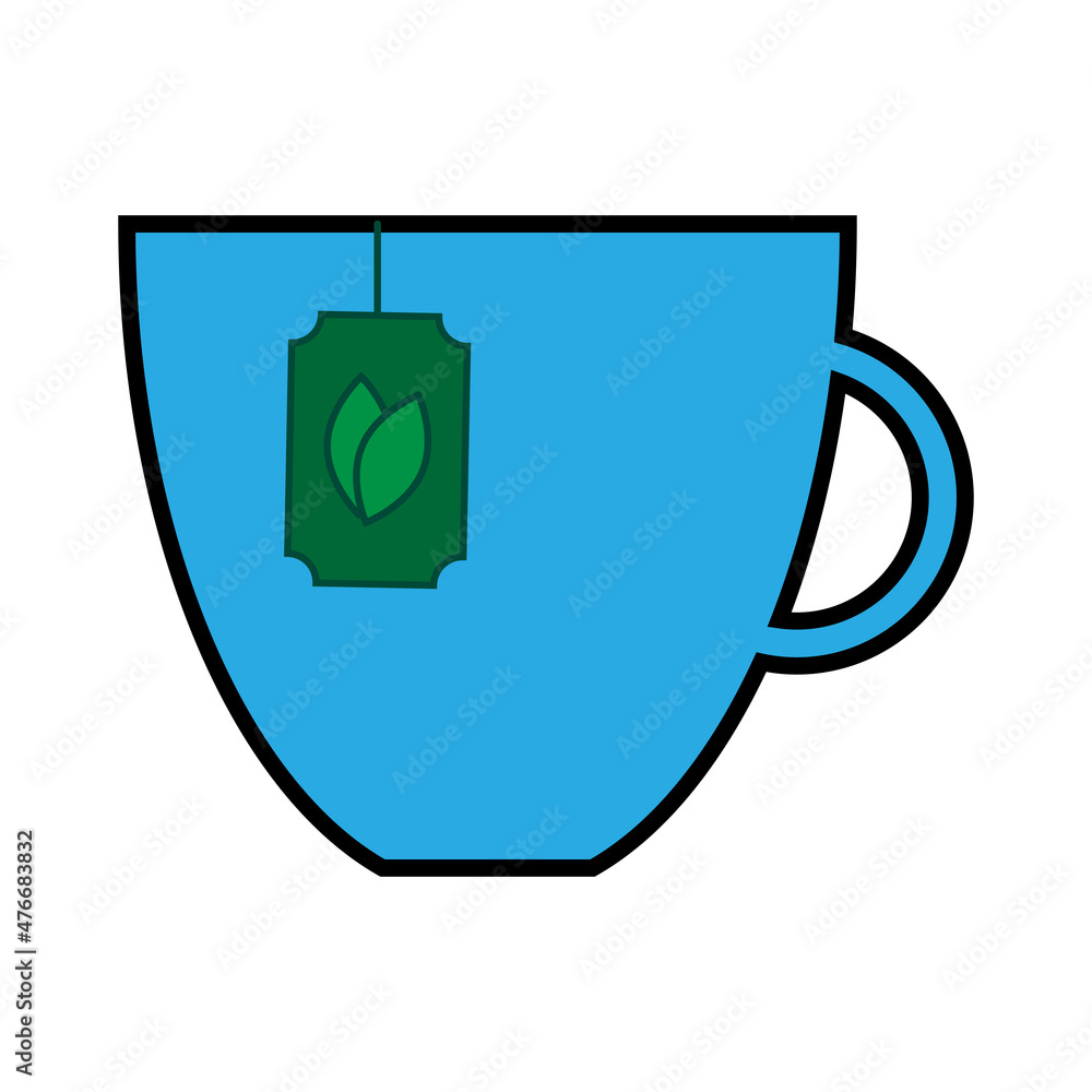 Cup with tea bag. Blue sign. Isolated object. Green leaf. Flat picture. Cartoon style. Vector illustration. Stock image. Cup with tea bag. Blue sign. Isolated object. Green leaf. Flat picture. Cartoon style. Vector illustration. Stock image.