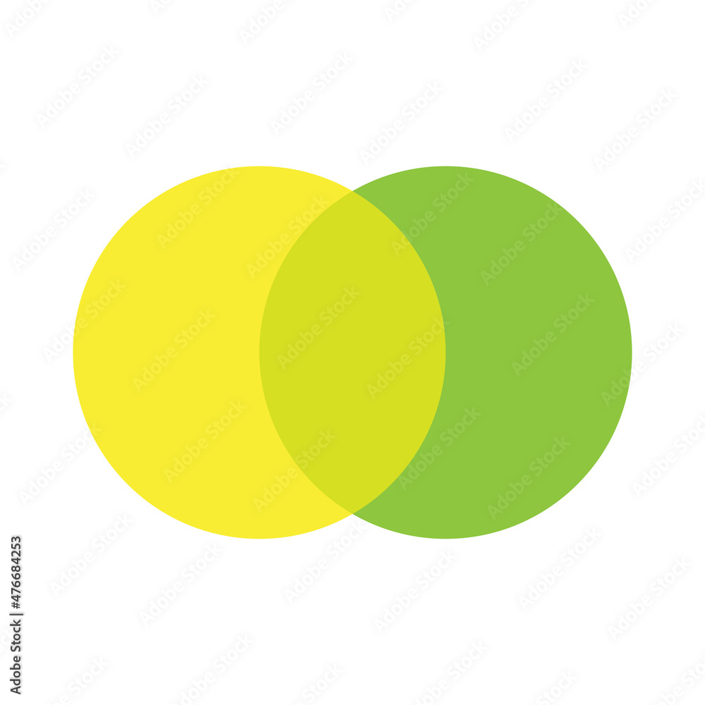 Pair of intersecting circles. Yellow and green sign. Colored icon. Alliance concept. Vector illustration. Stock image.
