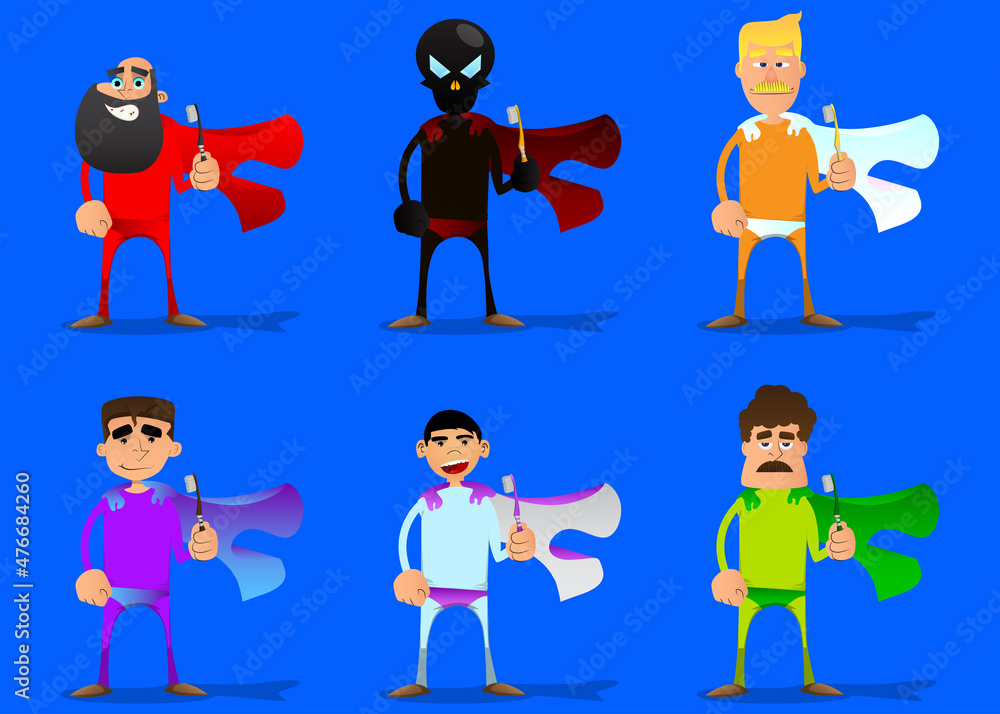 Funny cartoon man dressed as a superhero holding toothbrush. Vector illustration. Funny cartoon man dressed as a superhero holding toothbrush. Vector illustration.