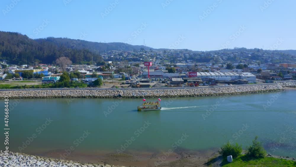 city of constitucion region of maule, talca santiago de chile drone shot boat and River city of constitucion region of maule, talca santiago de chile drone shot boat and River