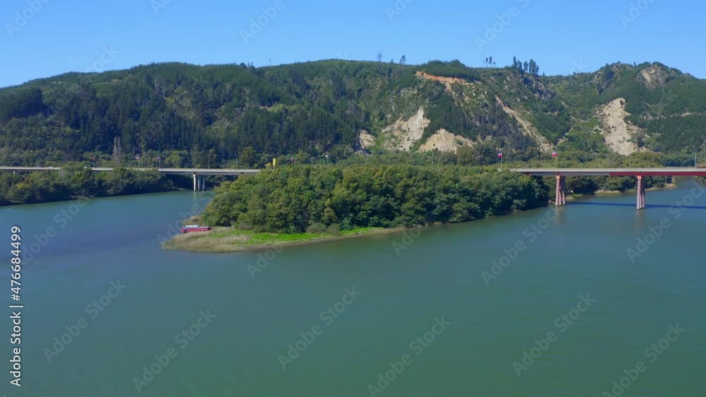 maule river bridge constitution city maule region, talca santiago de chile drone shot orbital 