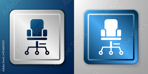 White Office chair icon isolated on blue and grey background. Silver and blue square button. Vector