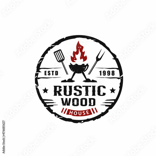 Vintage Retro Rustic BBQ Grill with spatula and fork, Barbeque Label logo design vector