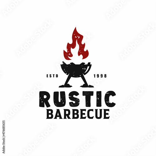 Vintage Retro Rustic BBQ Grill with fire, Barbeque Label logo design vector
