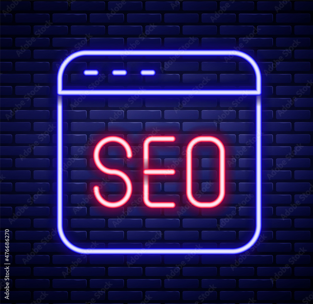 Glowing neon line SEO optimization icon isolated on brick wall background. Colorful outline concept. Vector Glowing neon line SEO optimization icon isolated on brick wall background. Colorful outline concept. Vector