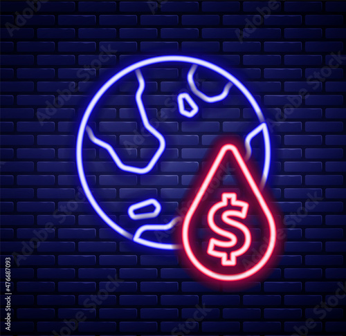 Glowing neon line Oil drop with dollar symbol icon isolated on brick wall background. Oil price. Oil and petroleum industry. Colorful outline concept. Vector