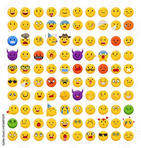 Big collection of emoticons for smartphones, apps, creating stickers and cards. Vector faces in cartoon style.