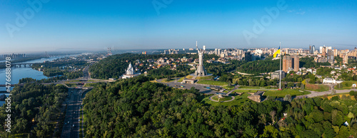 Aerial view of the Mother Motherland monument in Kiev. Historical sights of Ukraine. Beautiful scenic view of Kyiv. © Aerial Film Studio