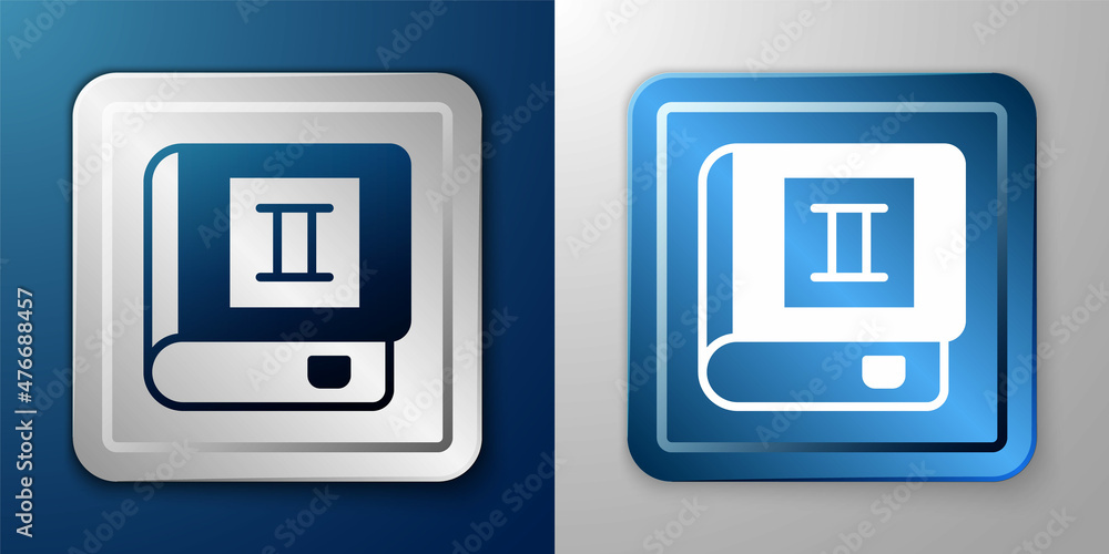 White Book icon isolated on blue and grey background. Second volume. Silver and blue square button. Vector White Book icon isolated on blue and grey background. Second volume. Silver and blue square button. Vector